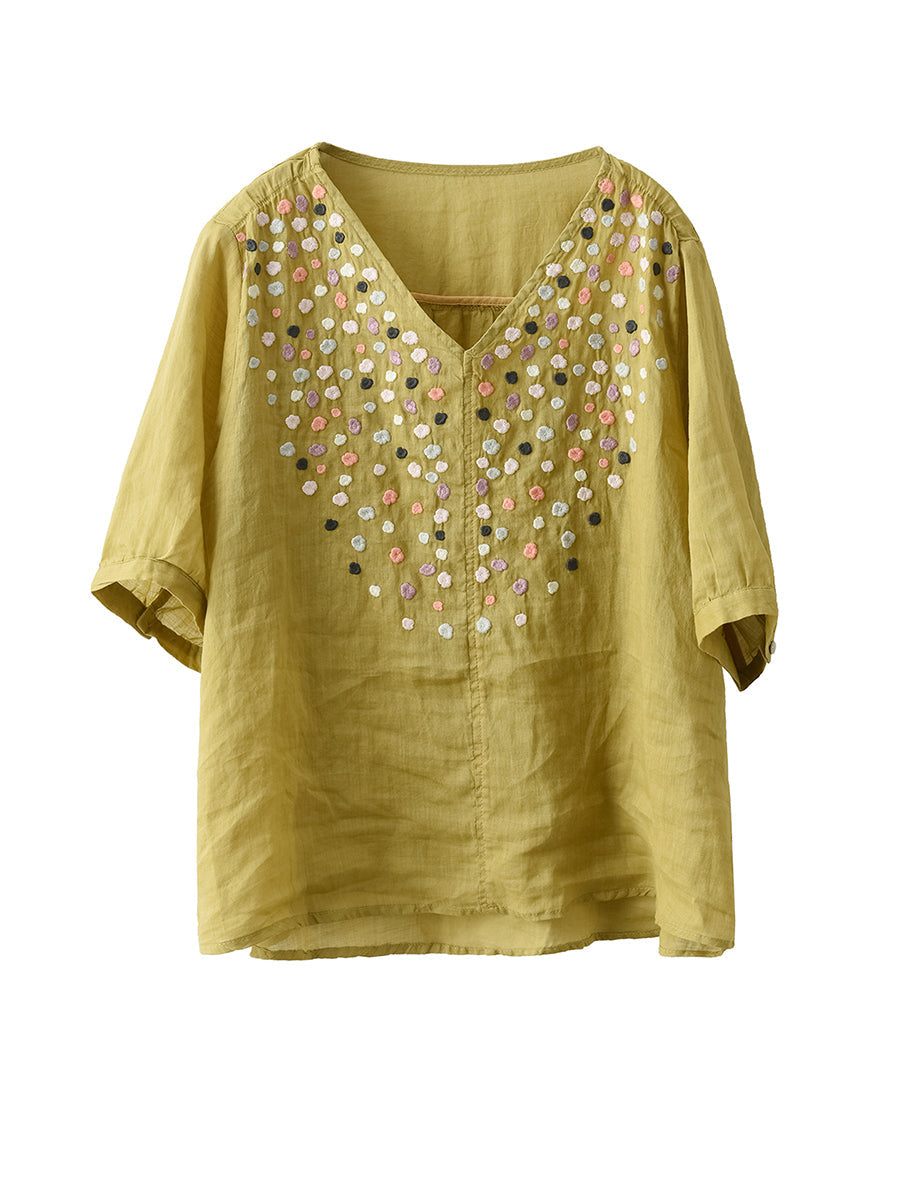 Chemise Ramie à col en v brodée de fleurs d'été pour femmes