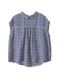 Women Summer Vintage Plaid Pleat Linen Cotton Shirt