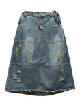Women Retro Flower Embroidery Spliced Worn Skirt