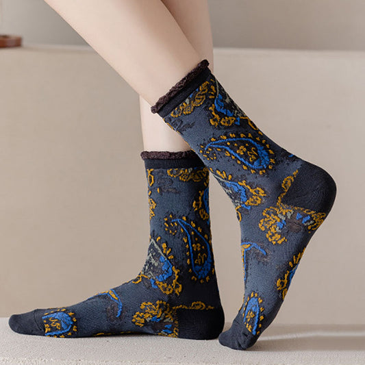 6 paires de chaussettes en dentelle jacquard à fleurs d'automne pour femmes