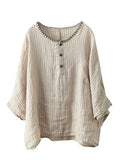 Women Summer Stripe Vintage Button Stitching Linen Shirt