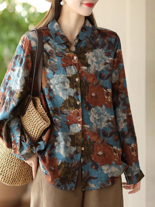 Women Vintage Spring Flower Loose Cotton Shirt