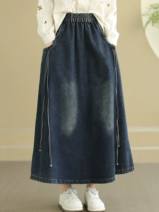 Women Spring Worn Washed Demin Spliced Skirt