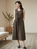 Women Summer Vintage Lattice Drawstring Linen Vest Dress