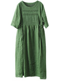 Women Artsy Draped Drawstring Solid 100%Ramie Dress