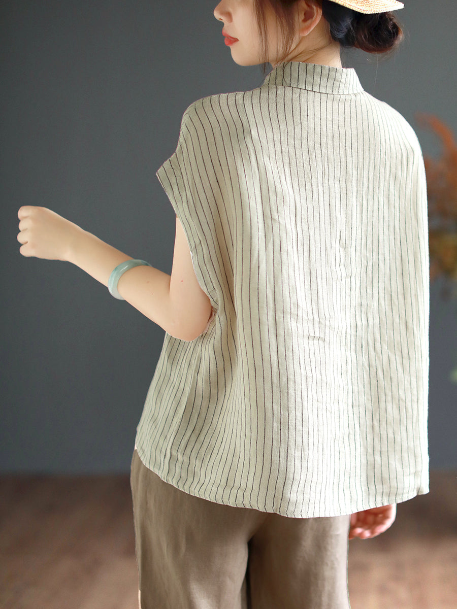 Women Summer Vintage Stripe Linen Loose Shirt