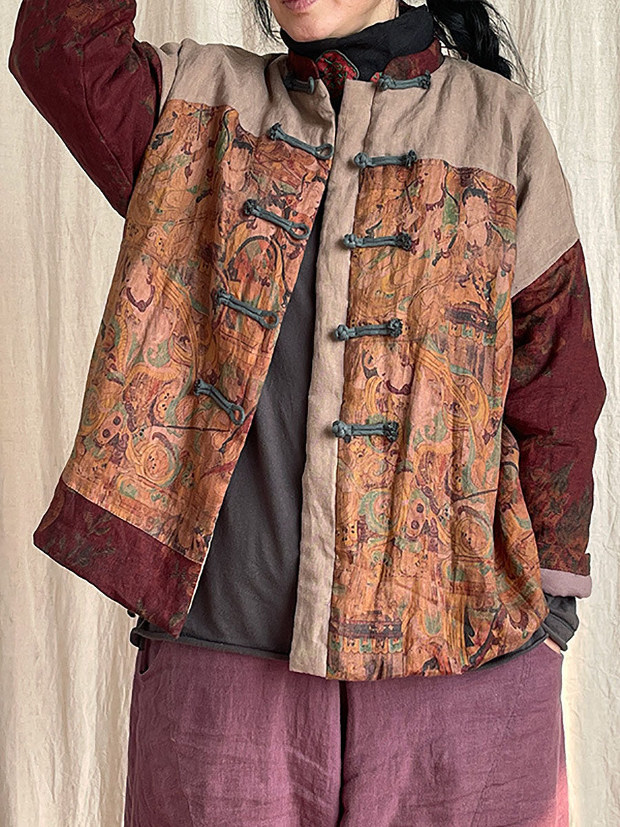 Women Vintage National Patchwork Frog Linen Padded Coat