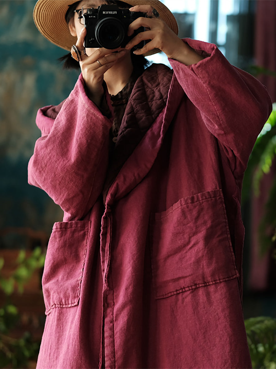 Women Ethnic Solid Winter Cotton Linen Hooded Coat
