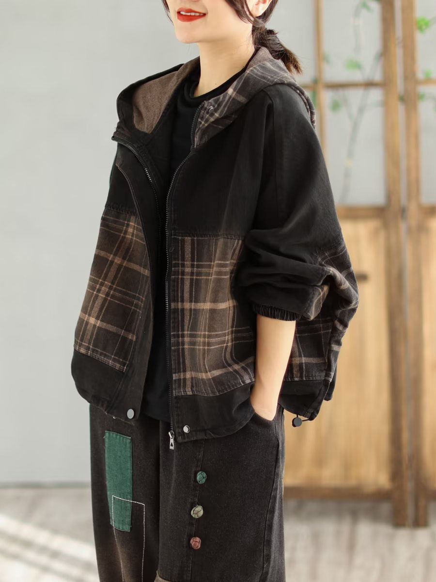 Women Spring Vintage Spliced Denim Hooded Coat