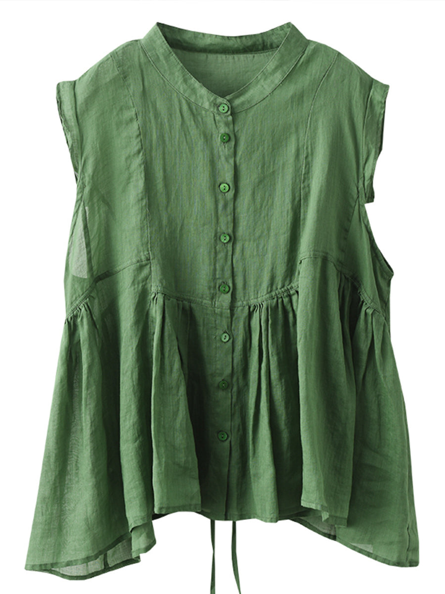 Women Vintage Summer Solid Sleeveless Drawstring Ramie Shirt