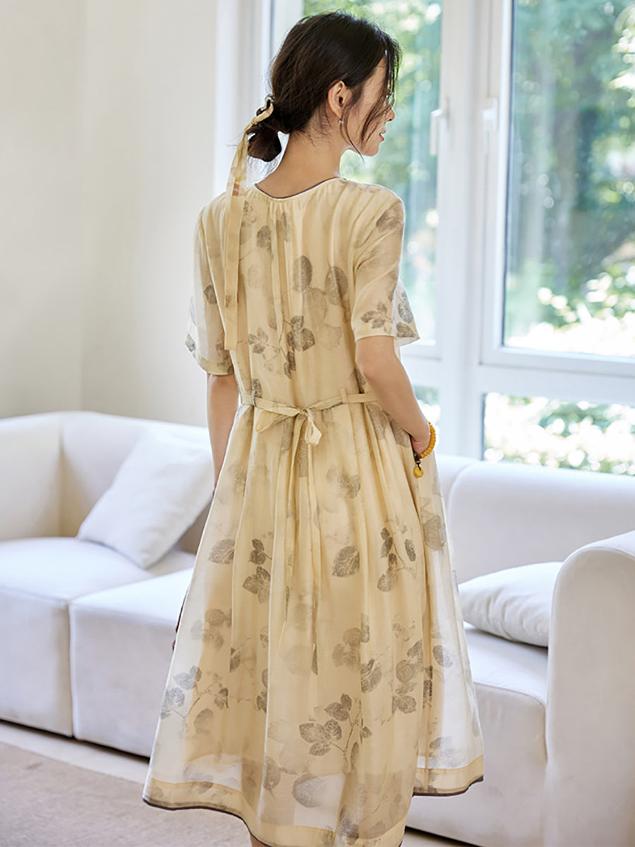 Women Ethnic Leaf Print Button Pleat Drawstring Ramie Dress