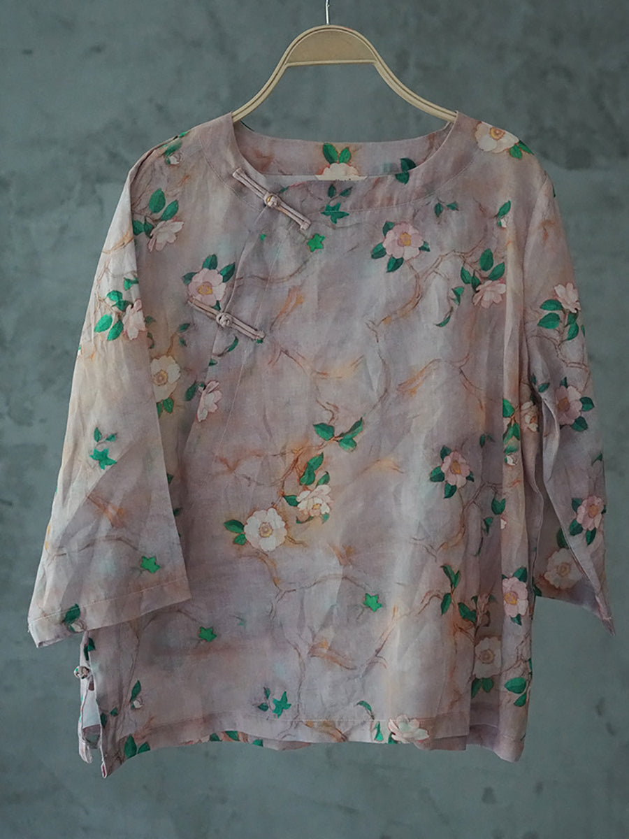 Women Vintage Summer Flower Button Slant Closure Shirt