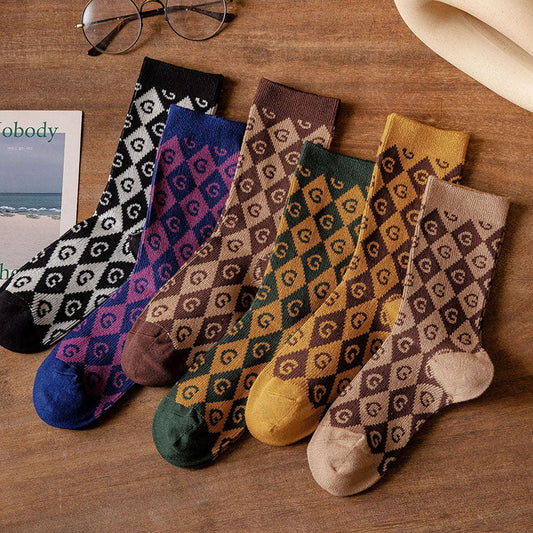 6 paires de chaussettes tricotées vintage en forme de losange avec lettre G pour femme