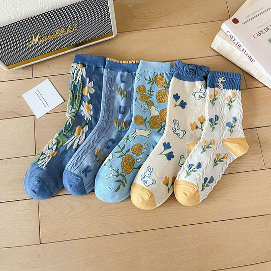 5 paires de chaussettes en jacquard floral doux pour femmes, lapins
