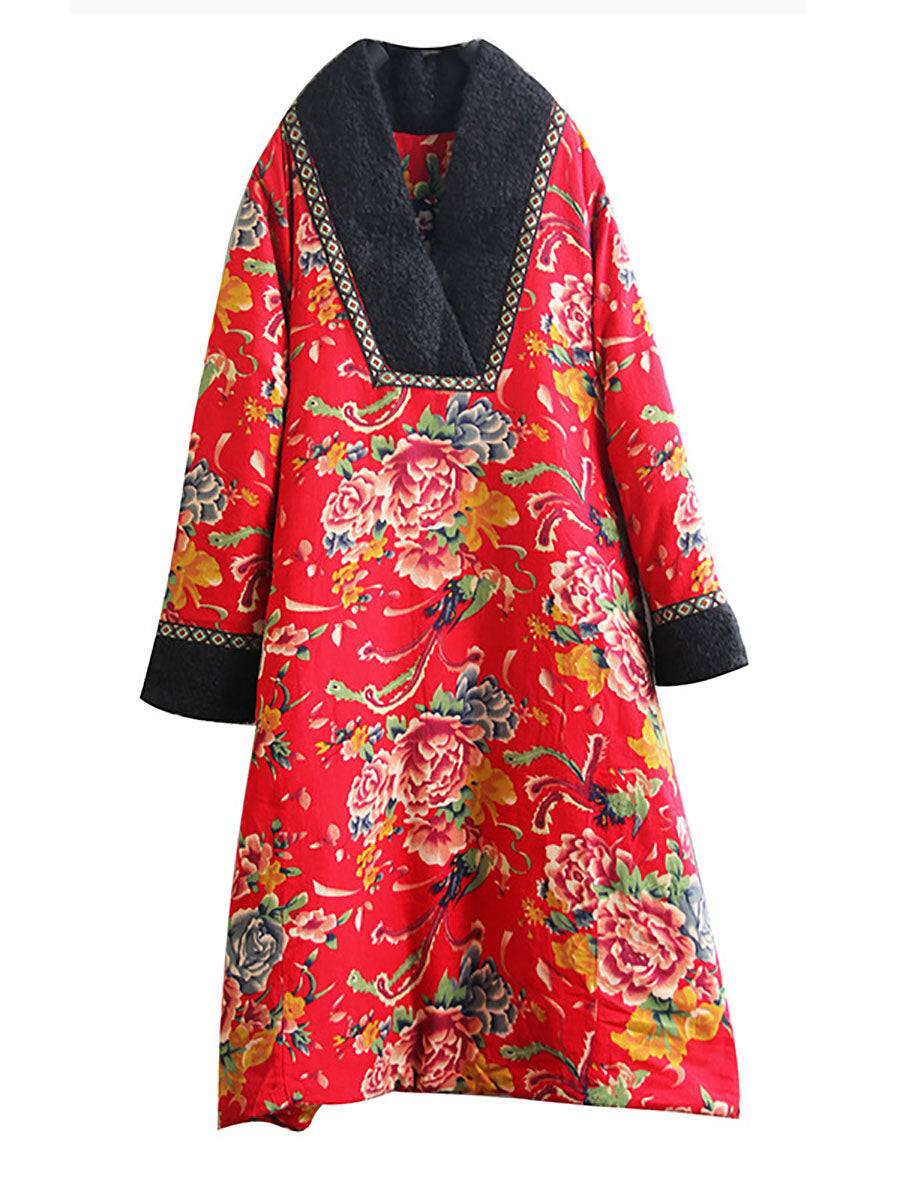 Women Winter Ethnic Flower Print Fur-Trimmed Pullover Coat