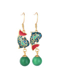Women Ethnic Green Agate Cloisonne Fish Copper Earrings