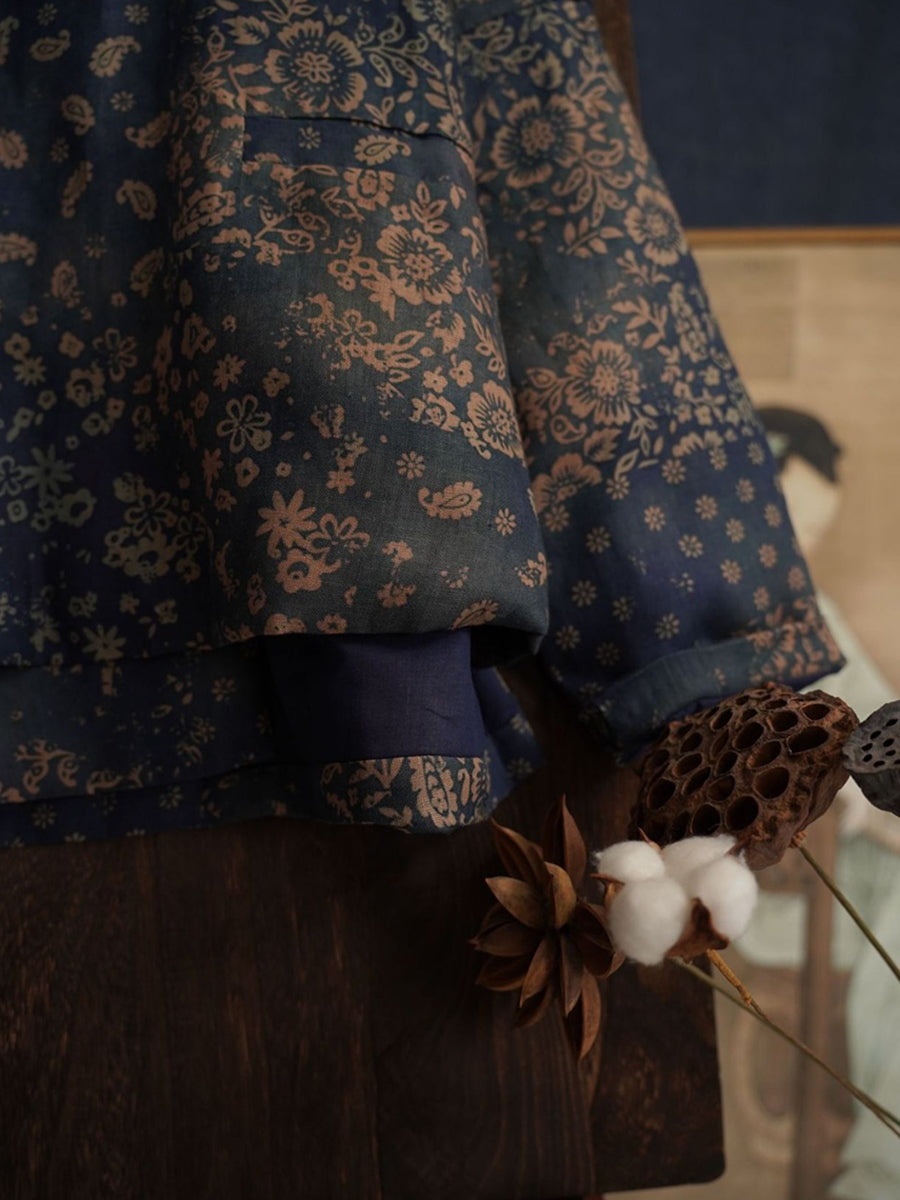 Manteau rembourré en lin à imprimé floral ethnique pour femme