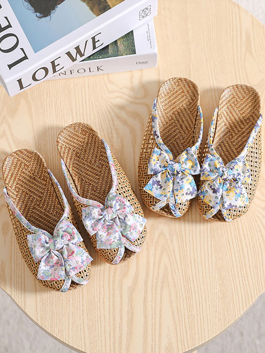 Women Indoor Straw Spliced Floral Bowknot Slippers
