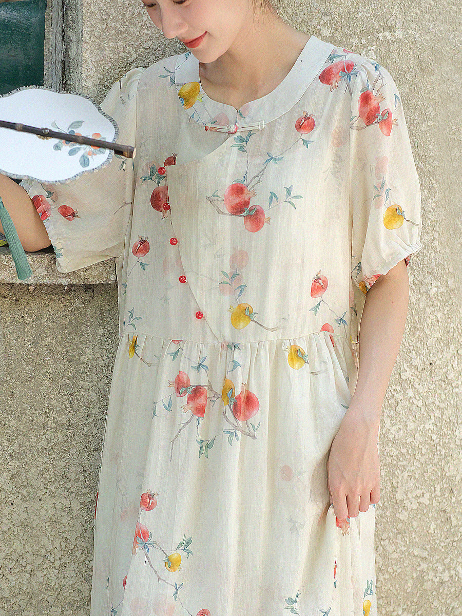 Women Artsy Pomegranate Button Summer Ramie Dress