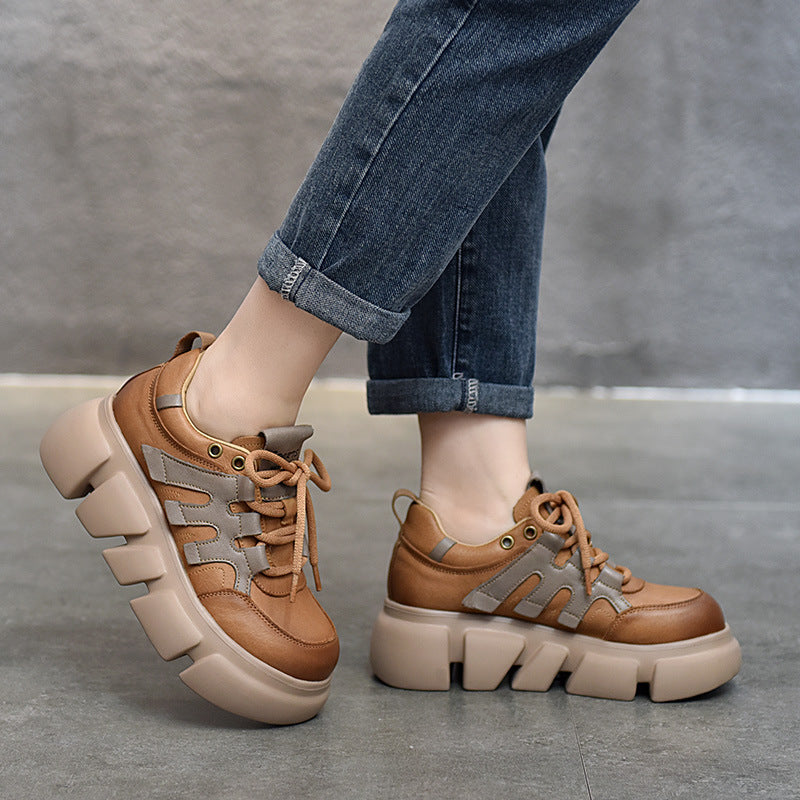 Women Casual Leather Spliced Drawstring Platform Shoes