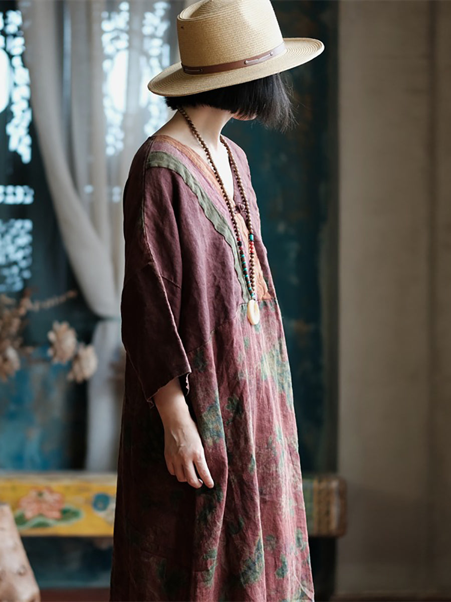 Women Ethnic Flower Spliced Linen Robe Dress