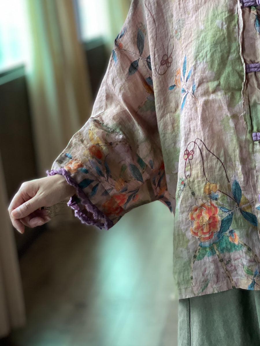 Women Summer Vintage Floral Button Loose Linen Shirt