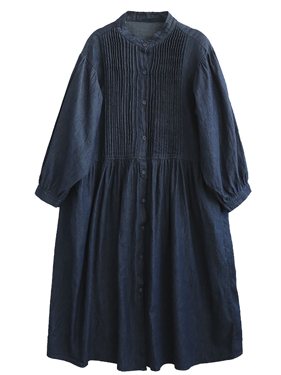 Women Vintage Solid Flod Loose Denim Dress