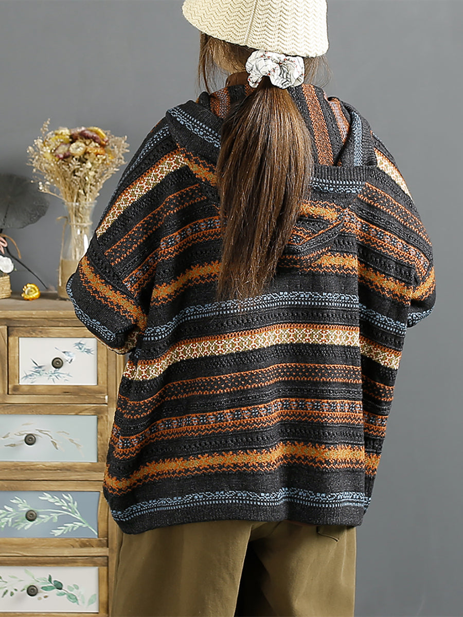 Women Winter Jacquard Knitted Cotton Hooded Sweater