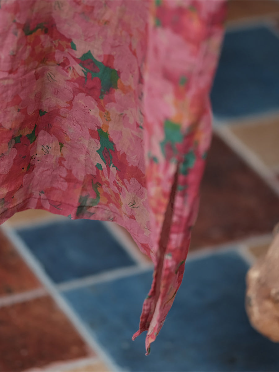 Robe Vintage en lin fin avec cordon de serrage et boutons floraux pour femmes
