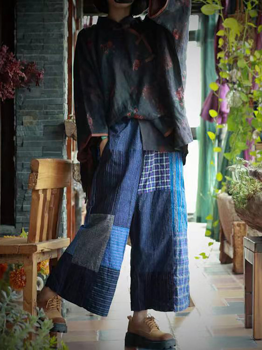 Women Vintage Patch Spliced Wide-leg Cotton Pants