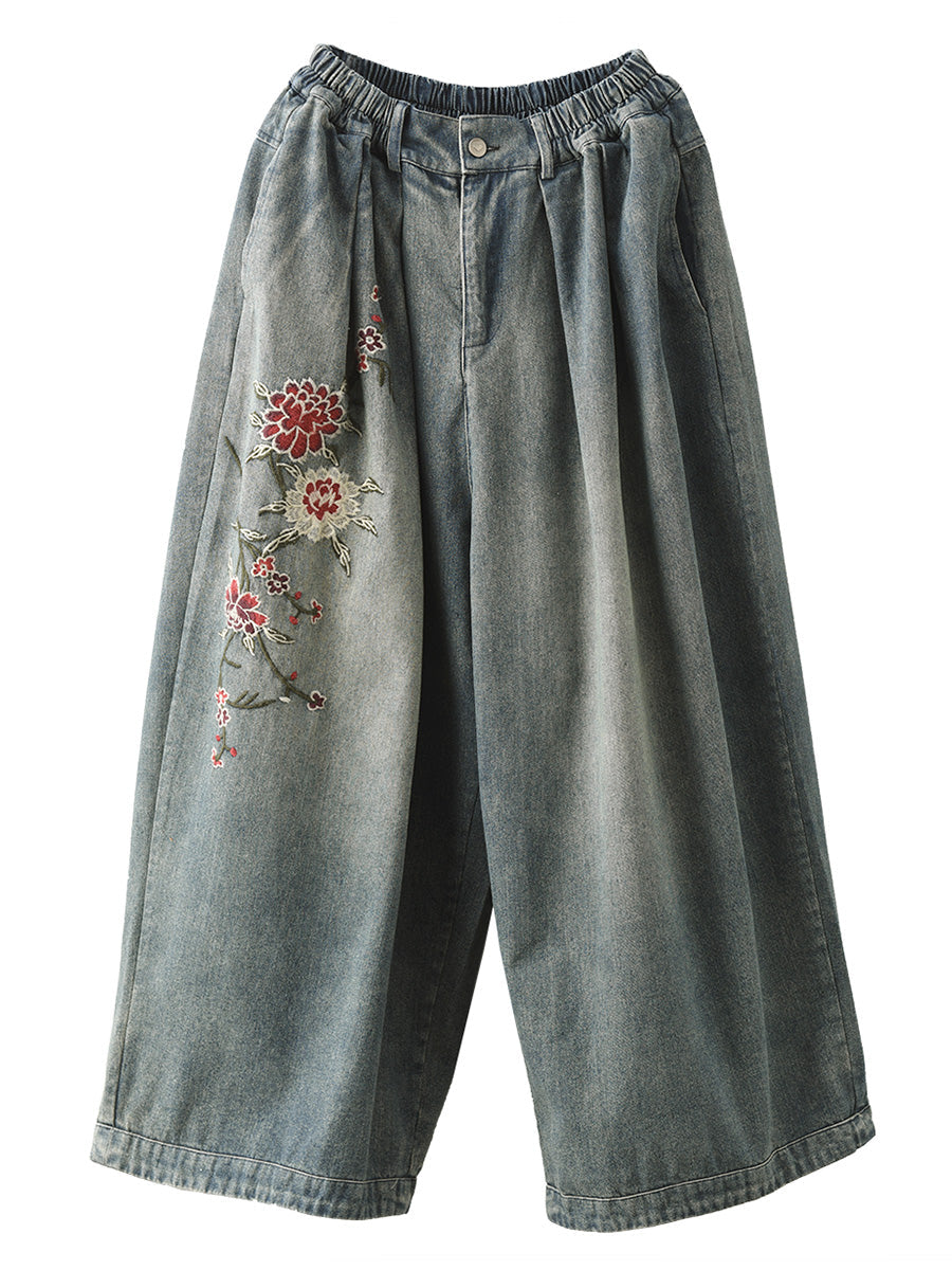 Women Spring Vintage Flower Embroidery Denim Pants