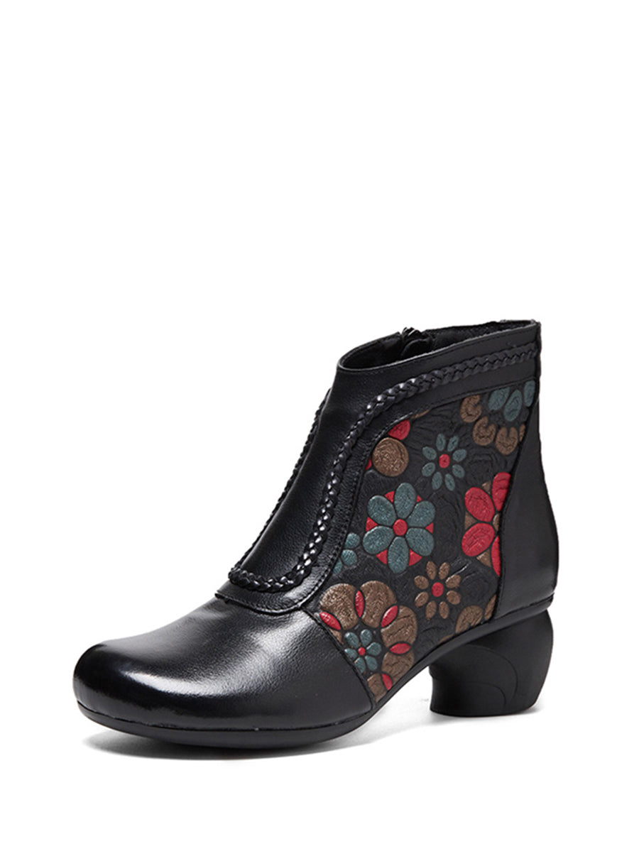 Women Vintage Leather Flower Jacquard Ankle Boots
