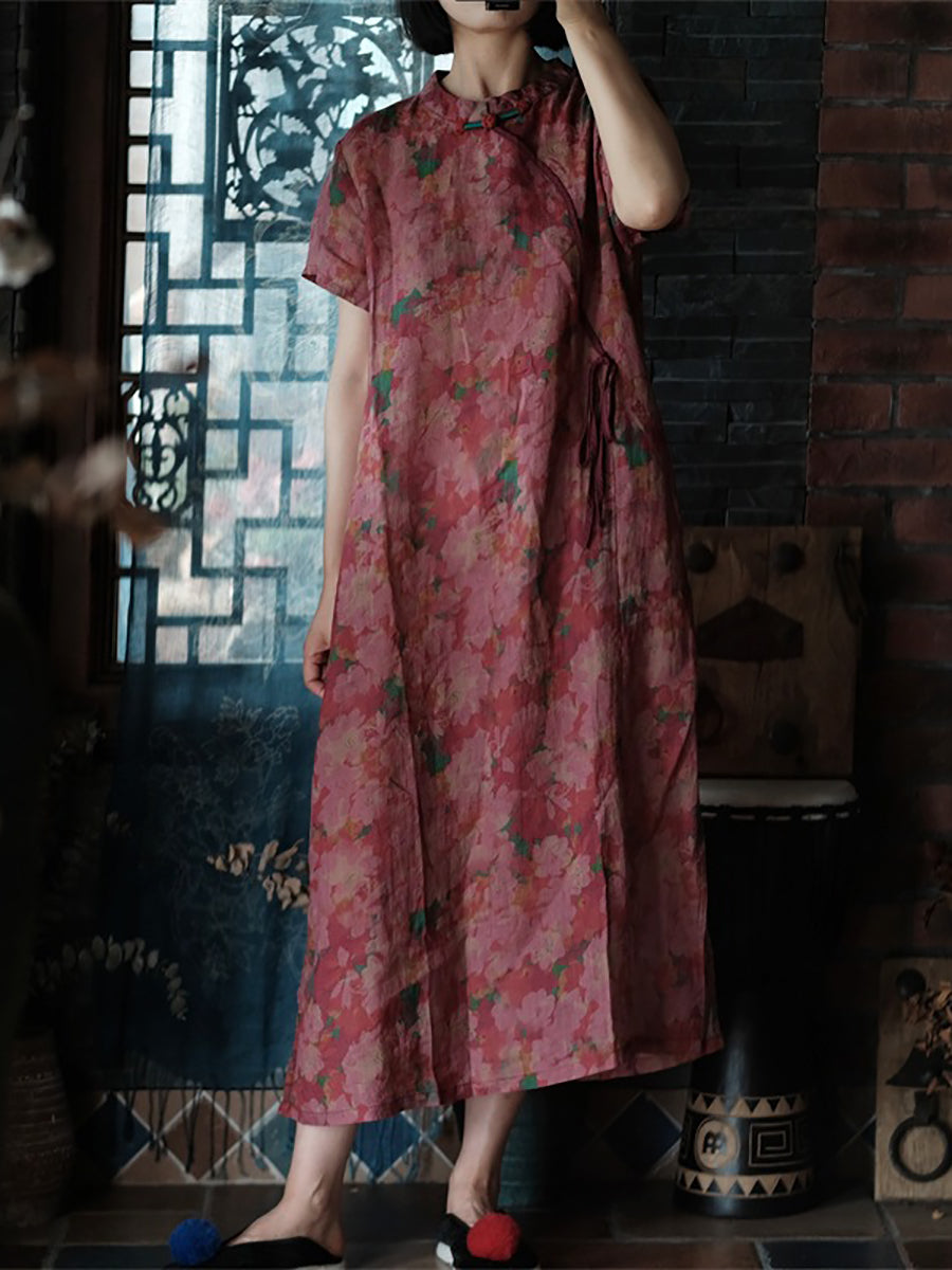 Women Vintage Floral lButton Drawstring Thin Linen Robe Dress