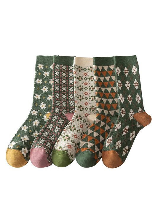 5 Pairs Flower Geometric Jacquard Long Socks