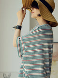 Women Summer Vintage Stripe Raglan Sleeve Loose Shirt