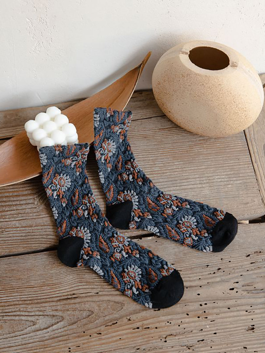 5 Pairs Women Vintage Flower Jacquard Socks