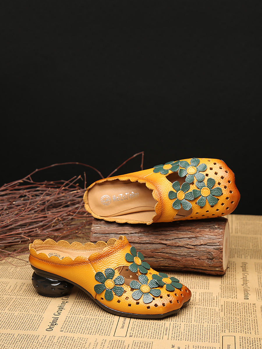 Women Summer Leather Vintage Flower Spliced Slippers