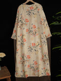 Women Artsy Flower Spring Ramie O-Neck Robe Dress