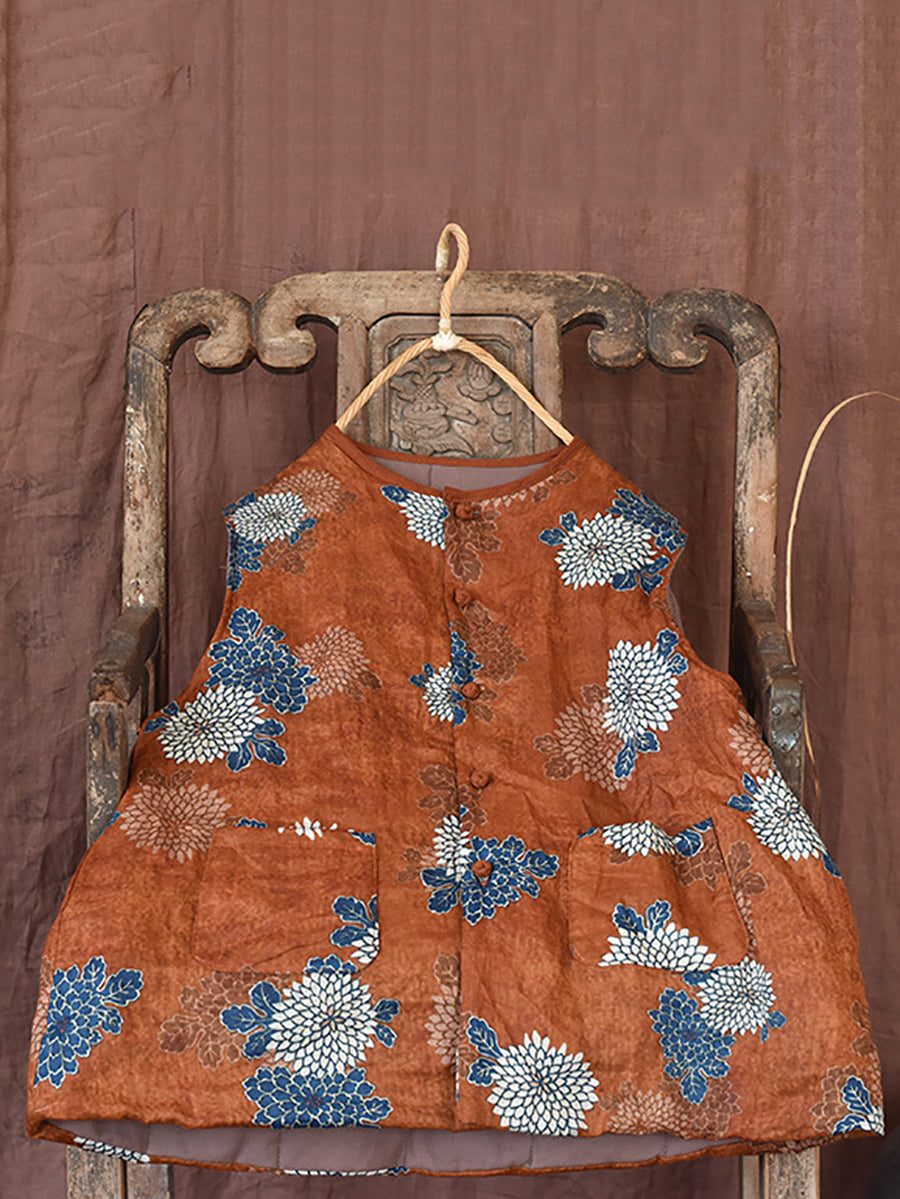 Women Ethnic Floral Ramie Cotton Padded Vest Coat