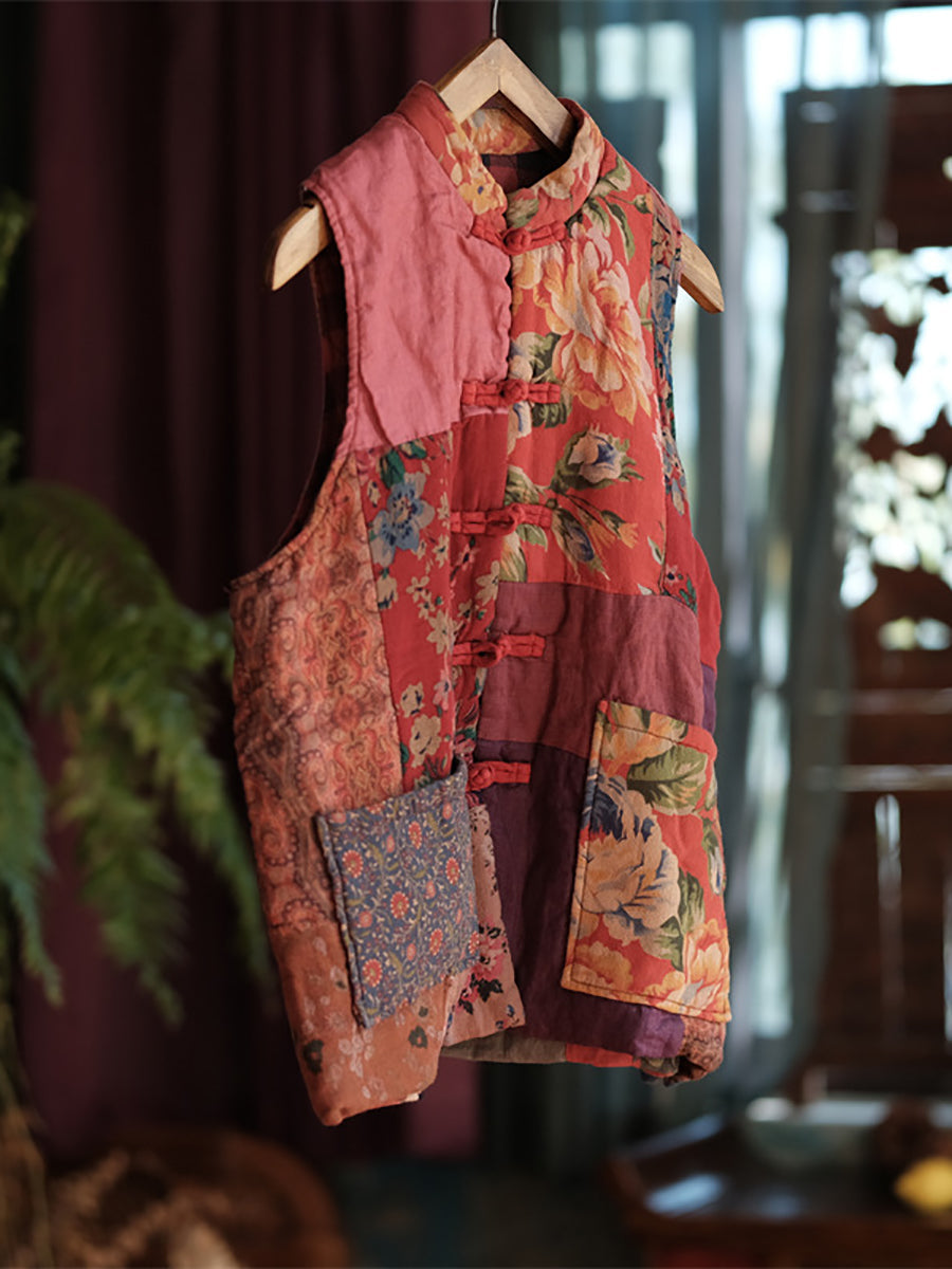 Women Ethnic Floral Spliced Linen Padded Vest