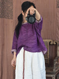 Women Retro Spring Solid Stitching Loose Shirt