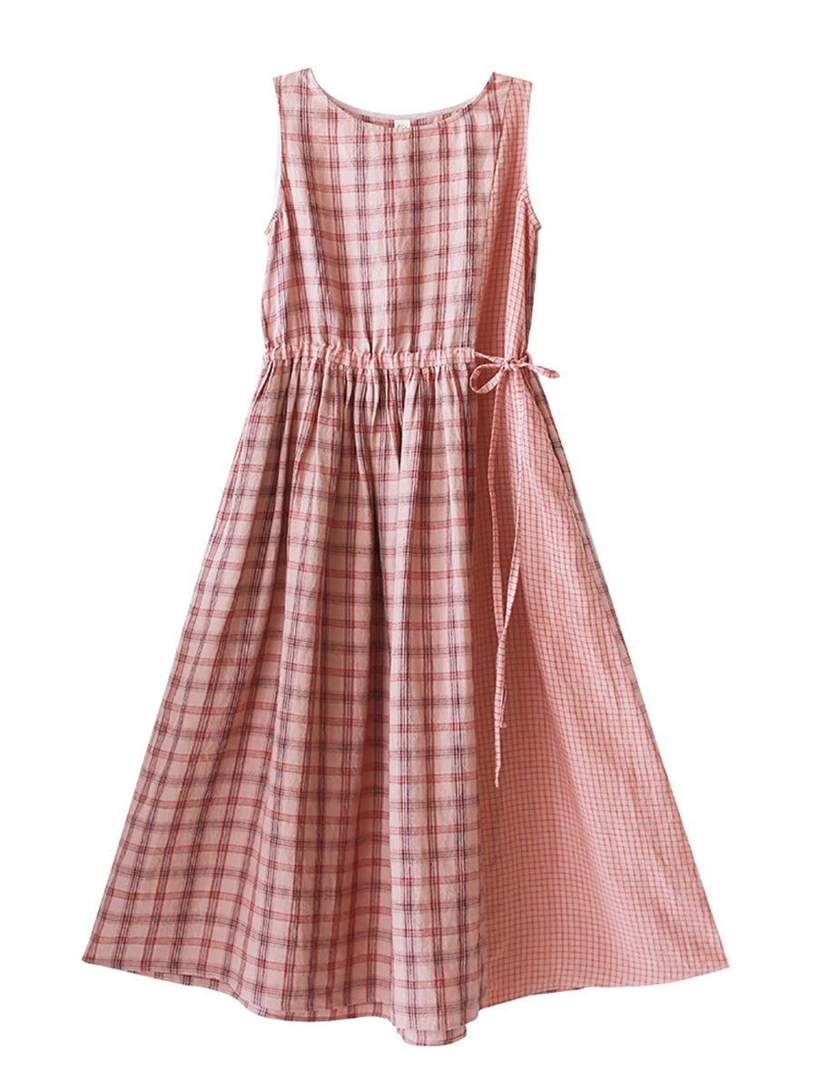 Women Vintage Summer Plaid Spliced Drawstring Vest Dress