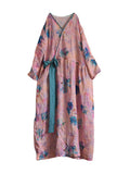 Women Vintage Flower Drwastring V-Neck Loose Ramie Dress