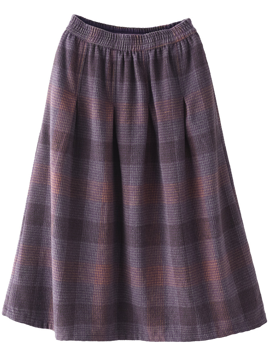 Women Vintage Plaid A-shape Woolen Skirt