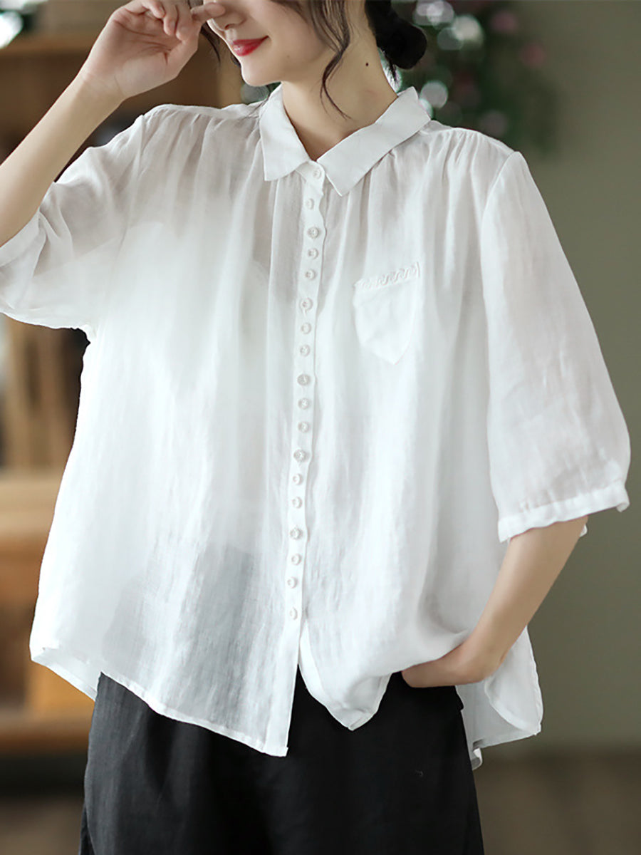 Women Spring Artsy Solid Button Embroidery Loose Shirt