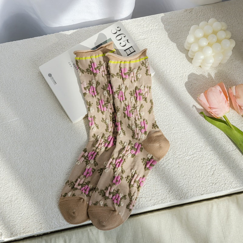 4 Pairs Women Vintage Flower Jacquard Socks