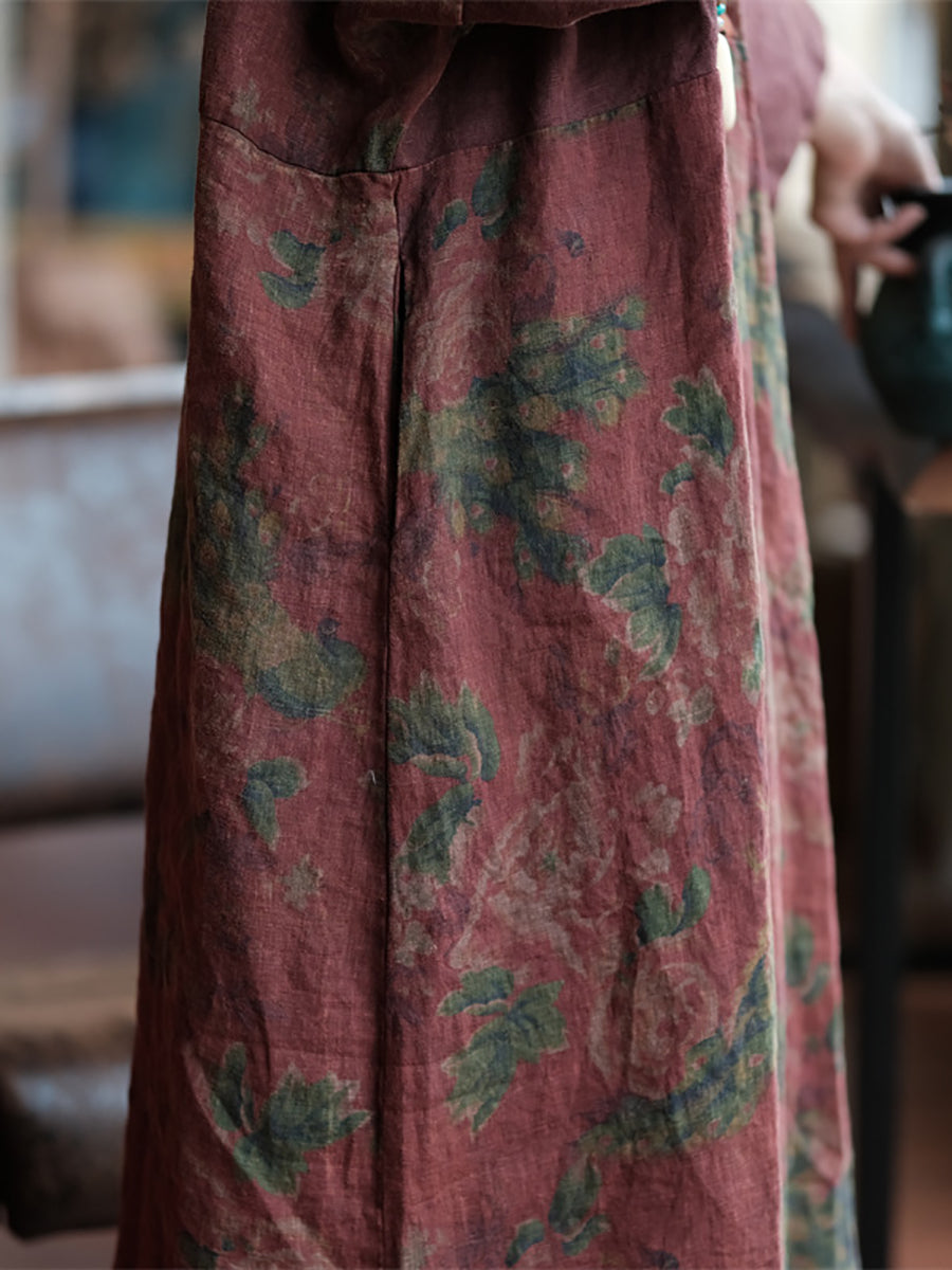 Women Ethnic Flower Spliced Linen Robe Dress