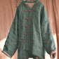 Women Chinese Style Frog Solid Pocket Linen Padded Coat