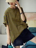 Women Summer Casual Stripe Loose O-neck Shirt