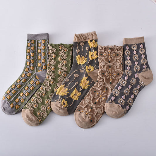5 paires de chaussettes jacquard à fleurs vintage pour femmes, automne